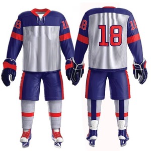 Custom Sublimated Ice Hockey <b>Jersey</b> Uniform Set Unisex Blue Red <b>White</b> Full Sleeve Moisture Wicking 100% Polyester Elastic Waist - Product Image 1