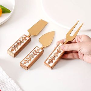 Luxury Gold <b>Cheese</b> Serving <b>Set</b> with Wooden Handle Stainless Steel <b>Cheese</b> Knife Spreader and Fork for Parties and Entertaining - Product Image 4