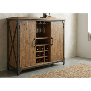Meuble bar en bois de manguier massif, style industriel, artisanal, écologique, avec 5+ compartiments, étagères de rangement et présentoir à vin - Product Image 1