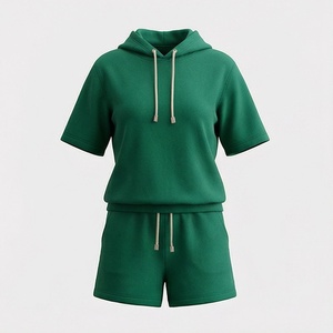 Conjunto Casual de 2 Piezas para Mujer, con Capucha, Manga Corta, Color Verde Sólido, Tejido de Punto, Shorts por Encima de la Rodilla y Top, para Primavera/Verano - Product Image 1