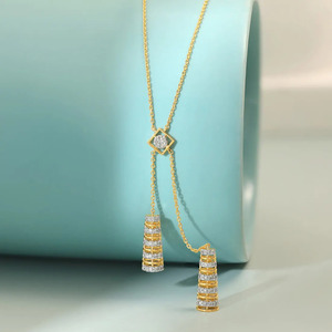 Twin Tassel Diamond Necklace with Geometric Center <b>Frame</b> and <b>Graduated</b> Sparkle Bar Drops - Product Image 5