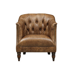 Vintage Tan Genuine Leather Tufted Accent Chair Mid Century Modern Barrel Armchair for Living Room Furniture Home Decor Sofa - Product Image 4