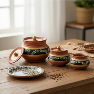 SwamiG TradeX Hand-Painted Terracotta Country Style Storage Jar <b>Set</b> Cover 0.5-1L Capacity Multifunction Design Eco-Friendly Leak - Product Image 1