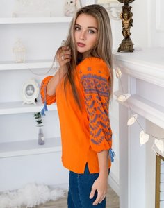 Blusa Bohemia Naranja para Mujer, Bordada, Manga Media, Cuello en V, Corte Regular, 100% Algodón Popelina, Ropa Casual de Primavera/Verano - Product Image 2