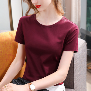 Camiseta de algodón de manga corta para mujer, estilo 2026, color liso, cuello redondo, con cintura fruncida sencilla - Product Image 5