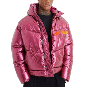 Custom Men's Shiny Pink Long Stand Hooded Puffer Jacket <b>Winter</b> Streetwear Waterproof Windproof Thick Cotton Filling Zipper - Product Image 1