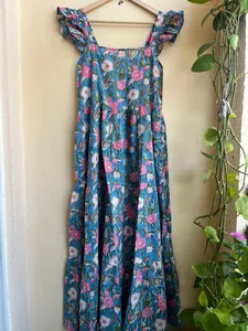 Hand Block Printed Vintage Floral Embroidered Indian Cotton Gown for Women Square Collar Indian Tunic <b>Dress</b> - Product Image 2