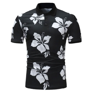 Polo à manches courtes pour homme, imprimé floral noir, décontracté, tricoté, respirant, en polyester - Product Image 1