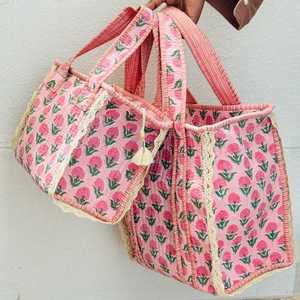 Manufacturer Pink Green Floral Cotton Kantha Quilted Storage Tote <b>Bag</b> Women Shoulder Travel Carrying Handbag Striped Strap - Product Image 2