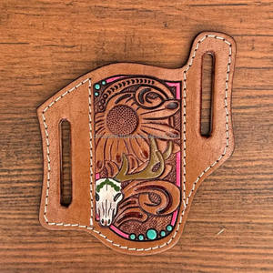 Étui de couteau usiné à la main Portable gaine de couteau en cuir véritable pour couteaux à lame fixe/pliante gaine florale pour ceinture pour unisexe - Product Image 3