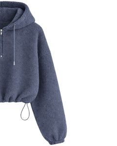Sweat à capuche court en molleton texturé bleu acier, quart de zip, ourlet ajustable avec cordon de serrage, streetwear décontracté, pull chaud pour homme, logo personnalisé - Product Image 3