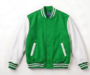 Green <b>White</b> Varsity <b>Jacket</b> <b>Men</b> Casual Zipper Front Solid Color Turn-down Collar Regular Fit Polyester Cotton Outerwear - Product Image 1