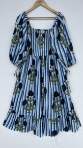 Robe longue trapèze smockée bleue à motif floral vintage, col en V, manches bouffantes, froncée, été, 100 % coton, légère et respirante pour femme - Product Image 1