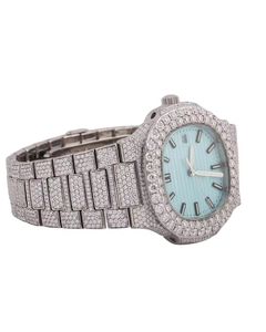 Luxury <b>diamond</b> wristwatch with turquoise blue dial textured lines silver markers date window ornate bracelet lavish sparkling - Product Image 5