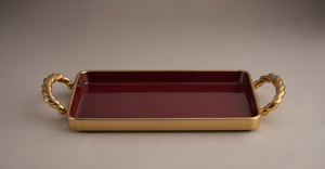 Luxury Maroon Enamel Metal Serving <b>Tray</b> Rectangular Twisted Rope <b>Gold</b> Handles Decorative <b>Coffee</b> <b>Table</b> Vanity Perfume Platter - Product Image 3
