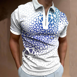 Men's <b>White</b> Geometric Print <b>Polo</b> Shirt Short Sleeve Zipper Collar Breathable Sporty Style 100% Polyester Knitted Fabric - Product Image 6