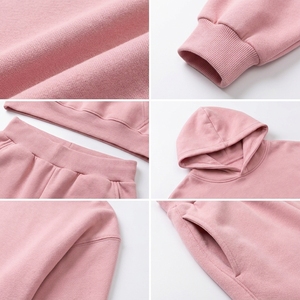 Ensemble de survêtement décontracté rose uni pour femme avec sweat à capuche et pantalon de jogging 100 % coton mi-lourd à manches longues coupe ample pour l'automne - Product Image 3