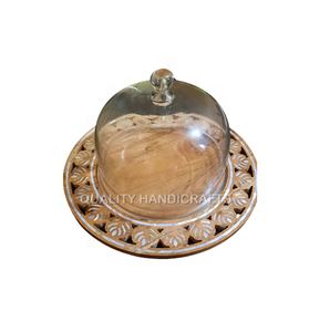 Bandeja con incrustaciones de fregona de madera de acacia redonda de mejor diseño con cúpula de cristal Nuevo regalo de Ramadán Eid Bandeja para servir postres de madreperla - Product Image 2