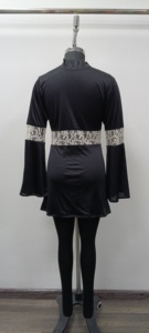 Robe mini élégante en satin noir avec bordure en dentelle, manches lanternes, col à découpe, coupe moulante, tenue de soirée - Product Image 2