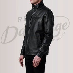 Veste en cuir noir pour homme, style col à boutons, en véritable peau de mouton, coupe ajustée, automne-hiver, décontractée, style moto, fermeture éclair, vêtement d'extérieur - Product Image 4