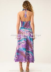 เดรสแม็กซี่เดรสคอเชือกผูกสำหรับผู้หญิงพร้อมดีไซน์สม็อคด้านหลังพิมพ์ลายเดรสยาวชายหาดฤดูร้อนแบบพลิ้วไหวคละสี - Product Image 2