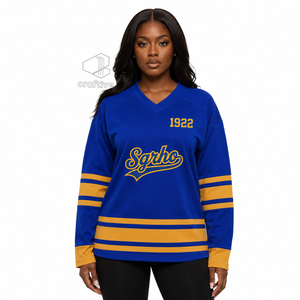เสื้อฮอกกี้น้ำแข็ง Sigma Gamma Rho Sorority สีน้ำเงินทอง ผ้าตาข่ายโพลีเอสเตอร์ ระบายความชื้น เสื้อทีมกีฬาสำหรับการแสดงของทีม - Product Image 5