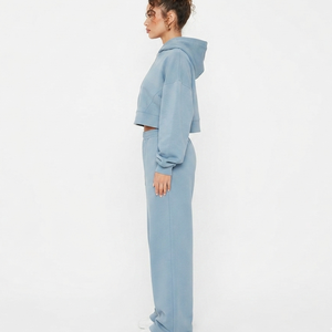 Women's Light <b>Blue</b> Hooded <b>Cropped</b> Sweatshirt and Joggers Set with Embroidered Logo Casual Fleece Two-Piece Outfit Tracksuit - Product Image 6