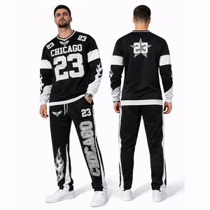 Ensemble de survêtement sportif noir personnalisé 2026 pour homme, imprimé Chicago, sweat-shirt et pantalon de jogging, tenue décontractée streetwear athlétique deux pièces - Product Image 1