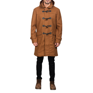 <b>Men's</b> <b>Long</b> Hooded Woolen Duffle Breathable Winter Warm Coat Genuine Leather Shell Thick Turn Down Collar Toggle Zipper Closure - Product Image 4