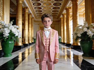 Costume de smoking orange pour garçons avec broderie dorée |   Ensemble de vêtements formels pour enfants pour mariage et fête - Product Image 4