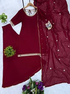 Traje Kurti de Georgette con Espejos para Mujer, Diseño con Cordón, Dupatta Bordada con Borde de Encaje, para Celebraciones y Ocasiones Especiales - Product Image 6
