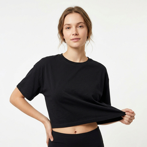 Women's Black <b>Cropped</b> T-Shirt Oversized Short Sleeve 100% Cotton Boxy Streetwear Casual Summer Tee Plus Size OEM ODM Logo - Product Image 1