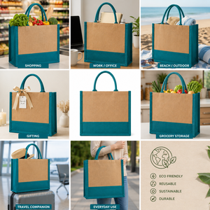 Grand sac de courses en jute, couleur turquoise et beige, avec poignée supérieure, sac fourre-tout pour épicerie - Product Image 5