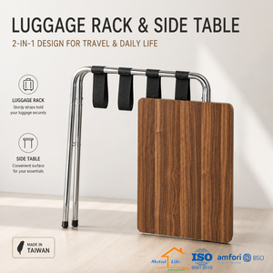 Portaequipajes Plegable 2 en 1 con Placa Superior de Madera, Soporte Metálico para Maletas, Mesa Auxiliar para Habitación de Hotel - Product Image 1