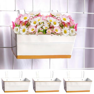 White Metal Hanging Railing <b>Planter</b> <b>Box</b> with Gold Trim Rectangular Flower Pot Holder for Balcony Garden <b>Window</b> Patio Outdoor - Product Image 1