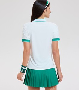 Women's <b>White</b> Green Polo Shirt Short Sleeve <b>Quarter</b> <b>Zip</b> Knitted Breathable Preppy Style Solid Color Sport Top - Product Image 5