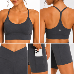 Women Cross Waist Pocket Biker Shorts Set Adjustable Strap Sports Bra Yoga Fitness Gym Workout Activewear - Product Image 4