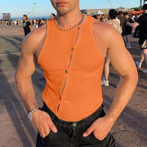 Men's <b>Orange</b> Ribbed <b>Tank</b> <b>Top</b> With Button Front Hollow Design Casual O-Neck Sleeveless Vest Solid Color Knitted Style - Product Image 1