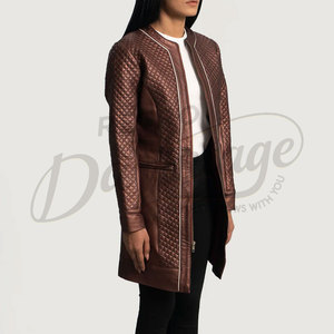 Premium Women Metallic Copper Real Leather Coat <b>Quilted</b> Diamond <b>Pattern</b> Slim Fit Sheepskin Long <b>Jacket</b> Collarless Elegant Blazer - Product Image 6