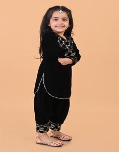 Conjunto de kurti de terciopelo de manga larga y salwar afgano - Negro - Product Image 6