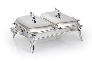 Plat de service rectangulaire haut de gamme en acier inoxydable doré et argenté avec double couvercle pour buffet multi-plats - Product Image 4