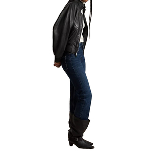 Blouson aviateur en cuir véritable pour femme, fermeture éclair bidirectionnelle, col montant en maille côtelée, manches raglan, poignets et ourlet doublés en cupro, personnalisable OEM, noir, collection automne - Product Image 6