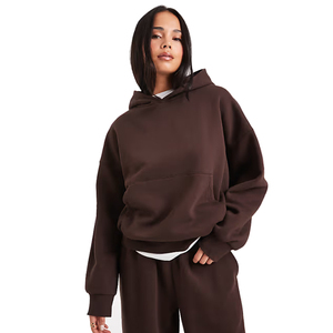 Women's Brown Hooded Sweatshirt <b>Set</b> Loose Fit Solid Color <b>Knitted</b> Two Piece Casual Outfit Full Length Pants and Long Sleeve Top - Product Image 6