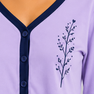 Conjunto de Pijama Personalizado para Mujer, Color Lavanda y Azul Marino, Manga Larga, Estilo Crop, Bordado Floral, Tejido de Algodón Suave, Pantalones Anchos, OEM - Product Image 6