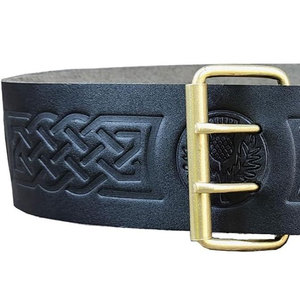 Ceintures de kilt traditionnelles écossaises en cuir 100% de haute qualité pour garçons, motif Thistle Black Belt, fournitures d'usine - Product Image 4