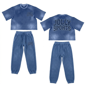 Ensemble femme t-shirt et pantalon en coton poly doux 220 GSM de haute qualité, imprimé graphique bleu délavé, logo sublimation, style décontracté - Product Image 6