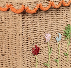 Handcrafted Rectangular Seagrass Basket Hinged Lid Cute Embroidered Flower <b>Storage</b> <b>Trunk</b> Decorative Wicker <b>Box</b> with Orange Trim - Product Image 4
