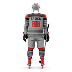 Men's Ice Hockey Uniform Set Gray Red Striped Sublimated V-Neck Full Sleeve Moisture Wicking 100% Polyester <b>Athletic</b> Fit - Product Image 2