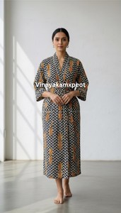 Robe Kimono Longue Asymétrique Premium 100% Coton Imprimé Léopard Col V Taille Haute Manches Longues Écologique Respirante - Product Image 6