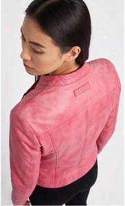 Wholesale Women Washed <b>Pink</b> Leather <b>Jacket</b> Asymmetric Zip Biker Coat Custom Quilted Collar Slim Fit Outerwear Supplier - Product Image 5